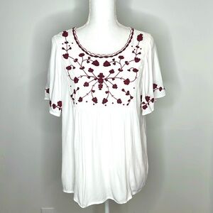 Lucky Brand Embroidered Burgundy White Flowy Top